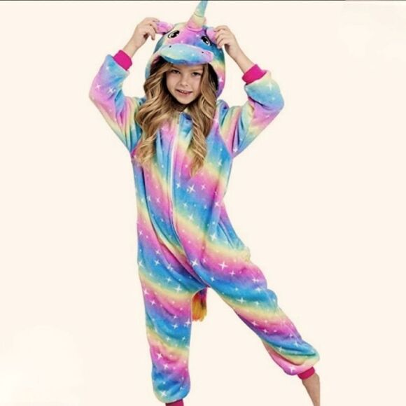 NEW! Unicorn Onesie with Hoodie Soft Rainbow Sherpa Zip Up - Picture 1 of 2